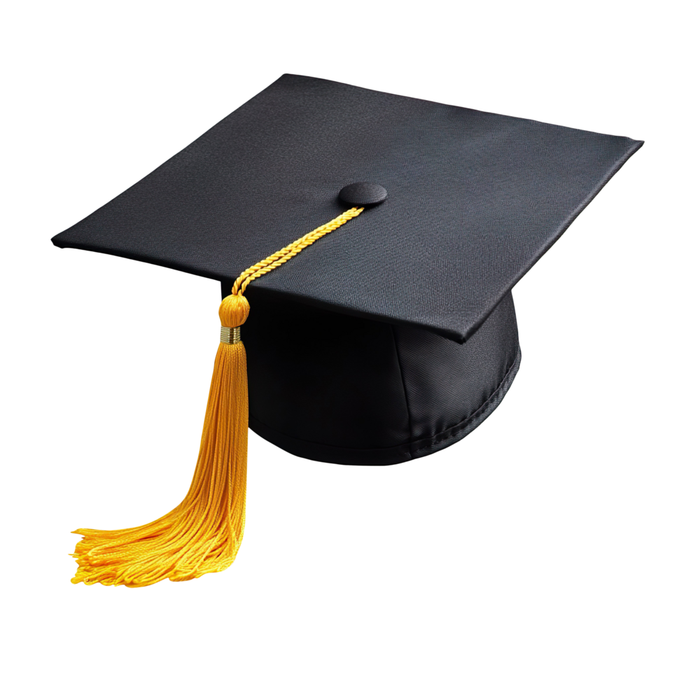 A black graduation cap with a yellow tassel isolated on a transparent background png
