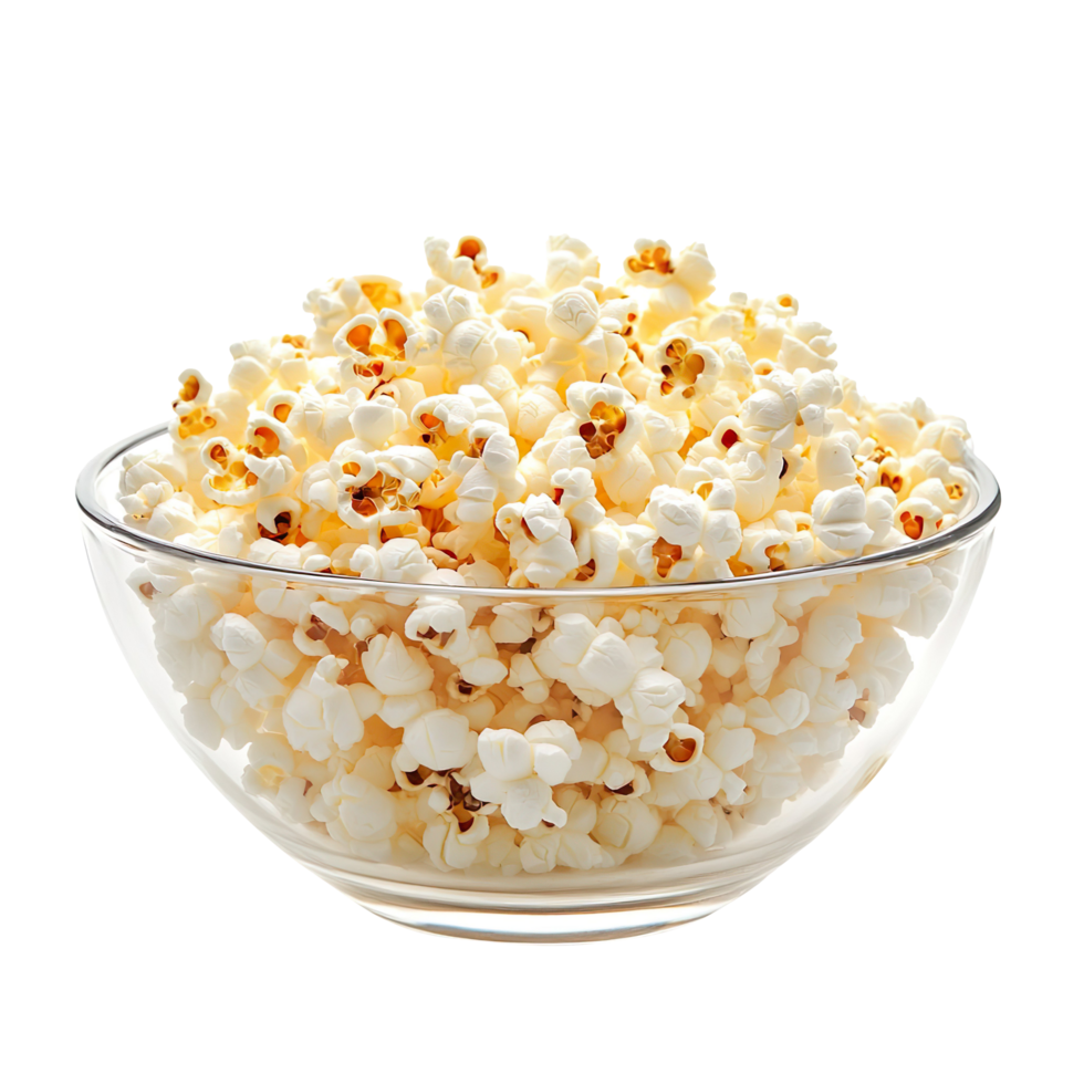 A glass bowl of popcorn isolated on a transparent background png