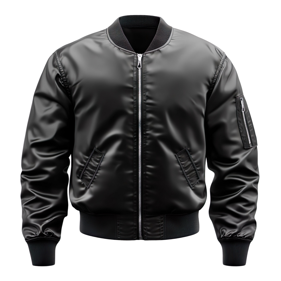 Black bomber jacket mockup isolated on a transparent background png
