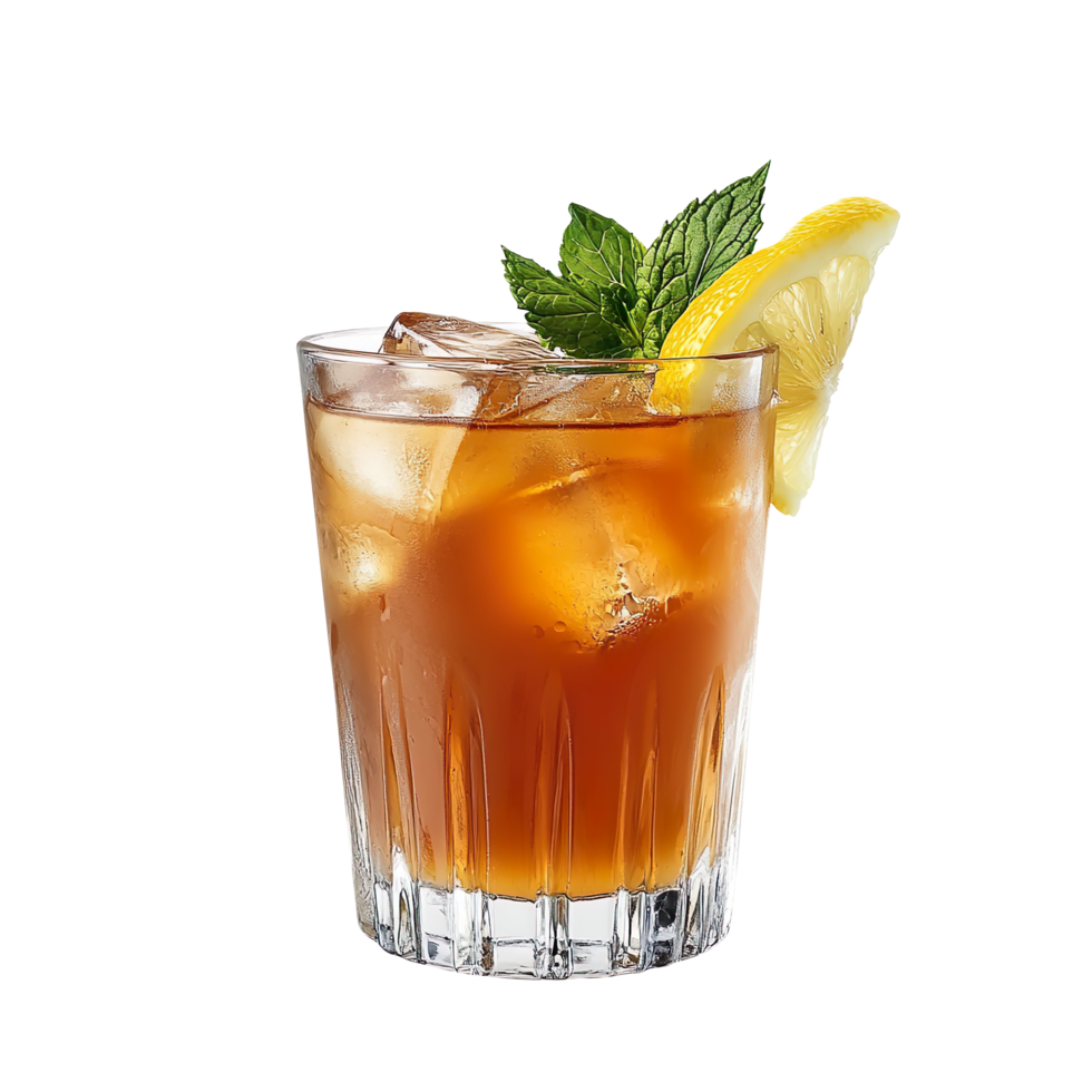 A glass of ice tea with a lemon slice and mint leaf on top isolated on a transparent background png