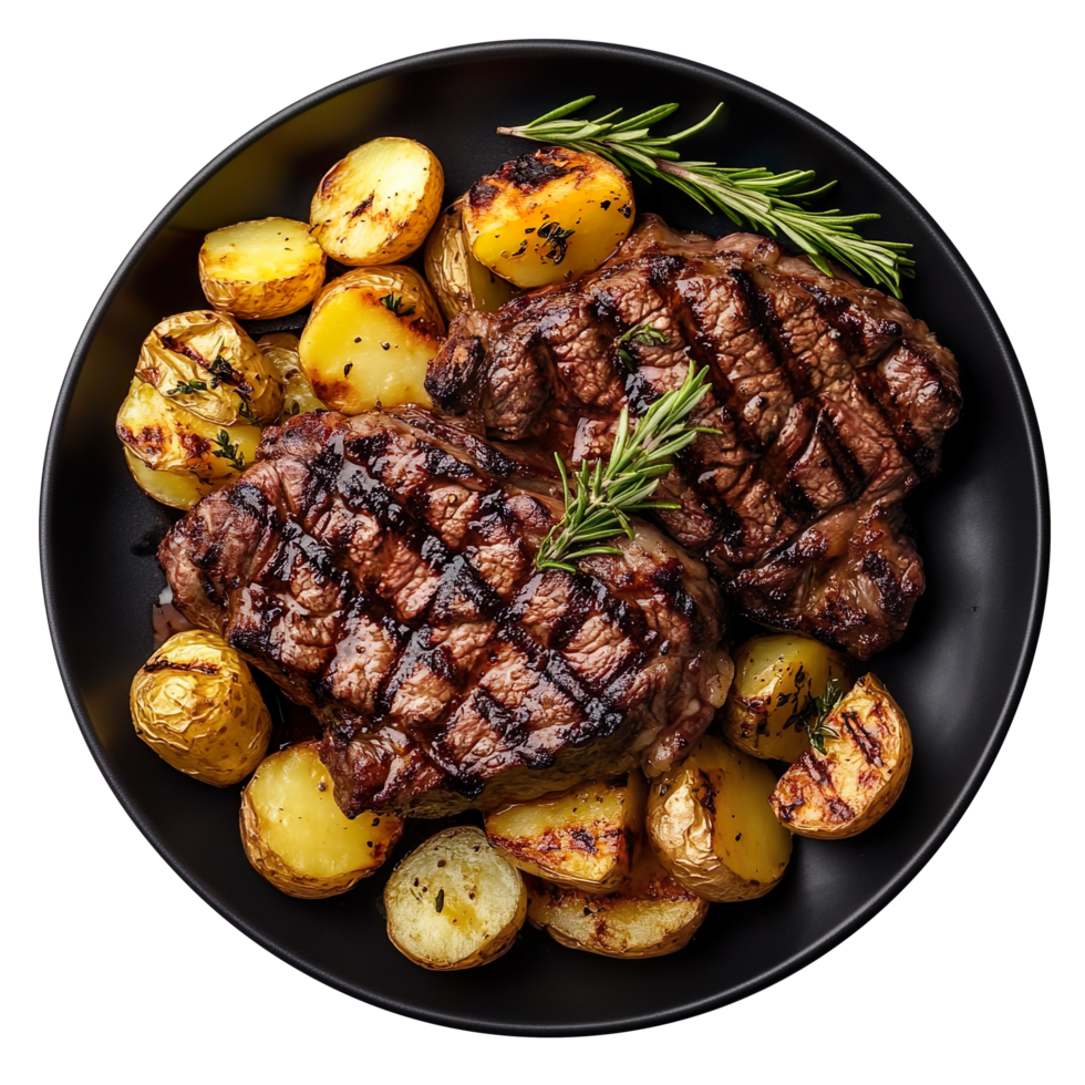 black plate of grilled beef steaks and potatoes top view isolated on a transparent background png