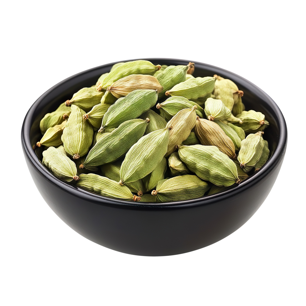 Cardamom pods in black bowl isolated on transparent background png