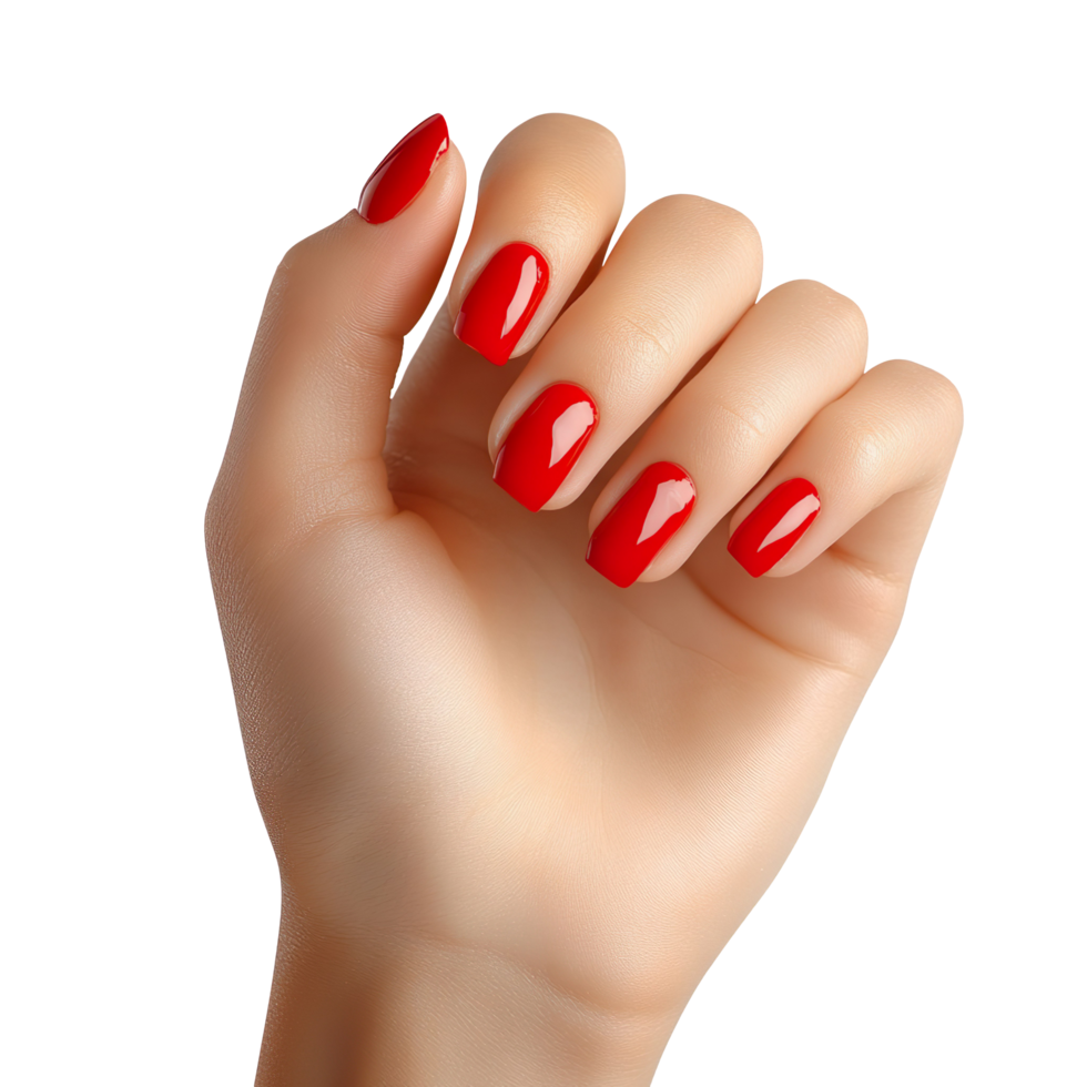 A woman's hand with a red manicure isolated on a transparent background png