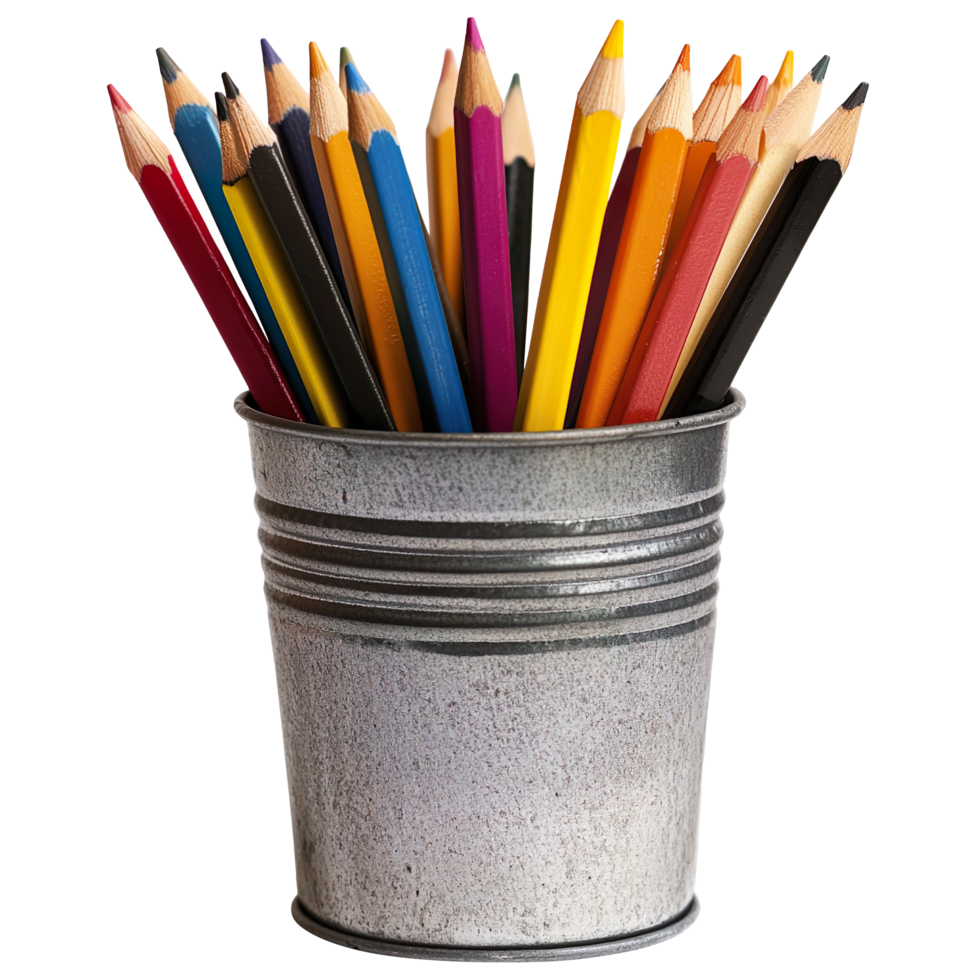 A group of pencils in a metal container isolated on a transparent background png