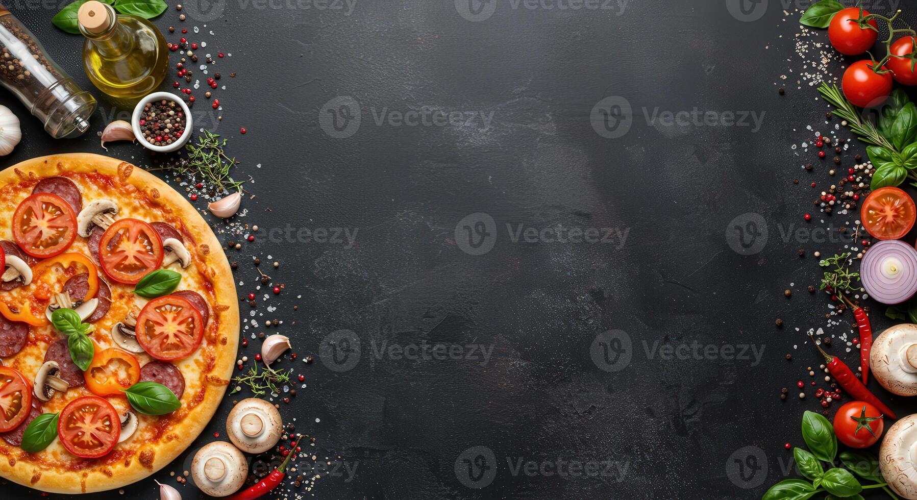 Pizza with different ingredients on a black background photo