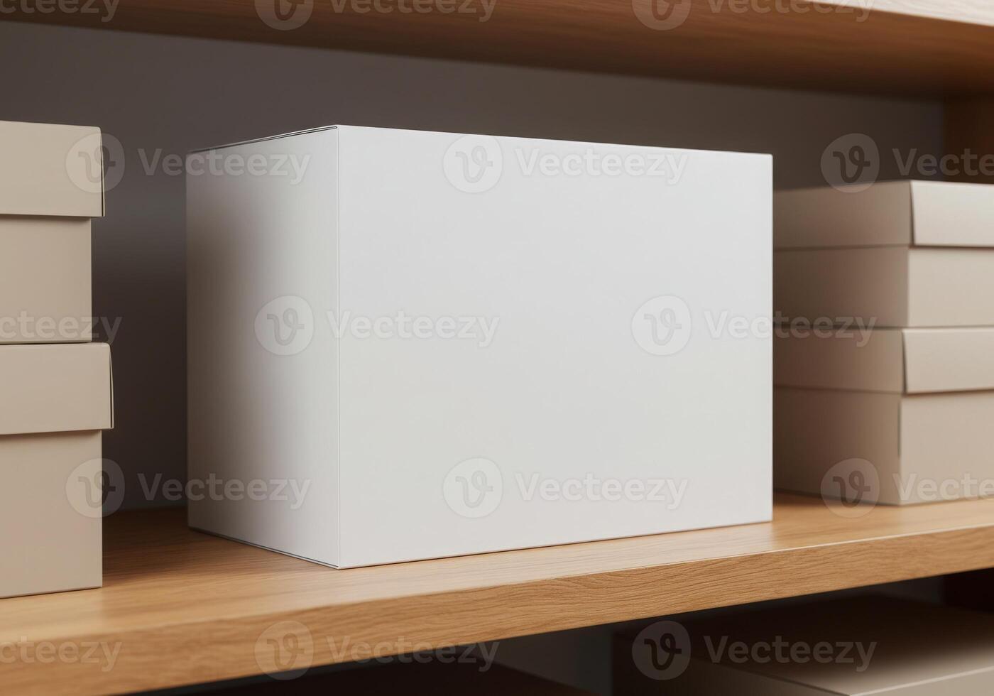 White box mockup on shelf with boxes photo