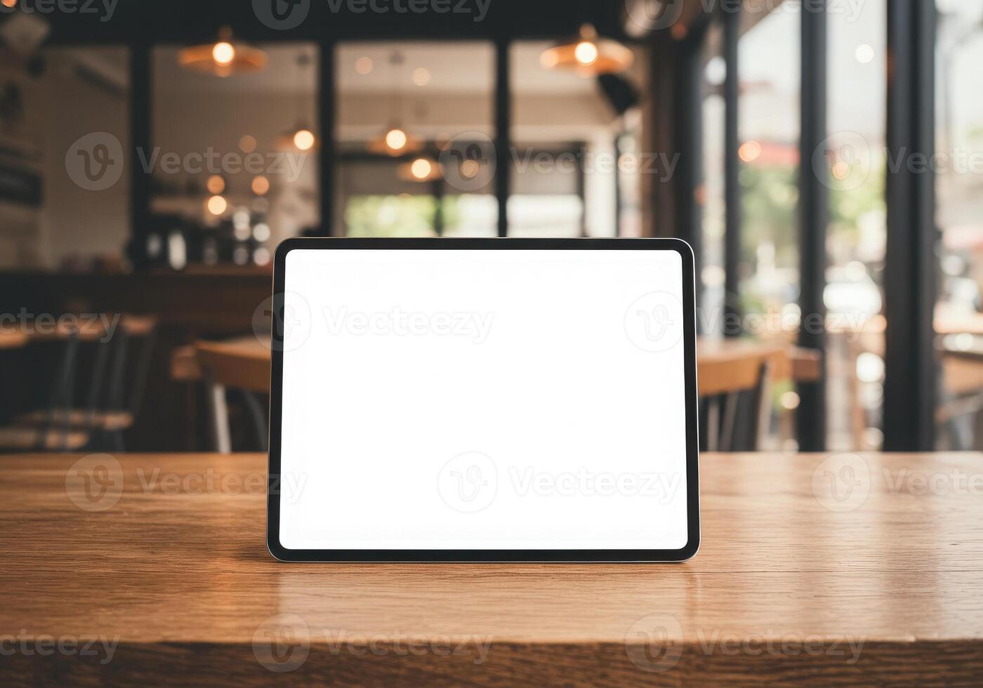 Tablet mockup on wooden table in cafe photo
