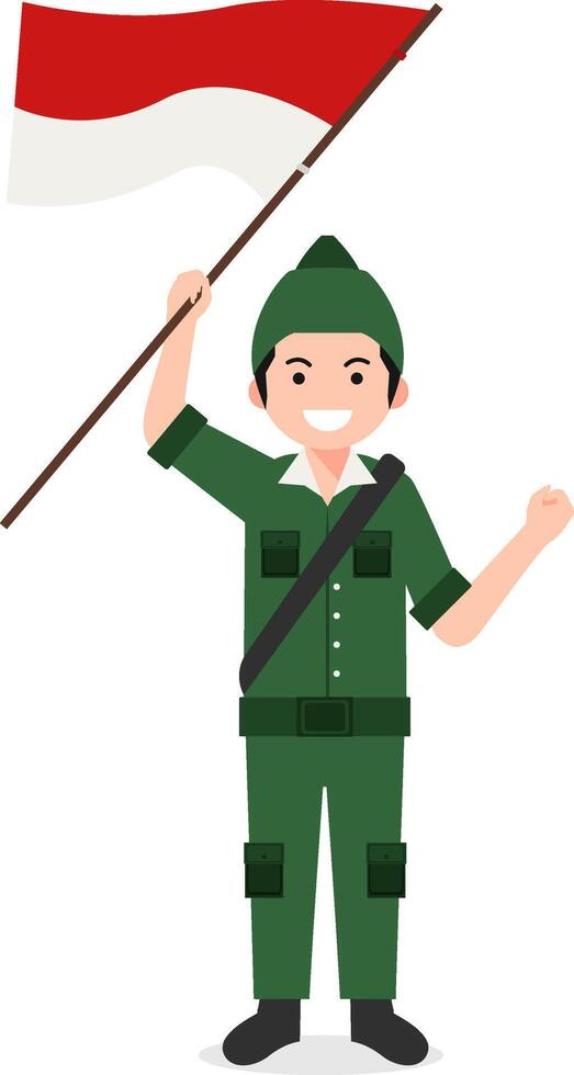 An Indonesian Hero Holding the Indonesian Flag in Green Uniform vector