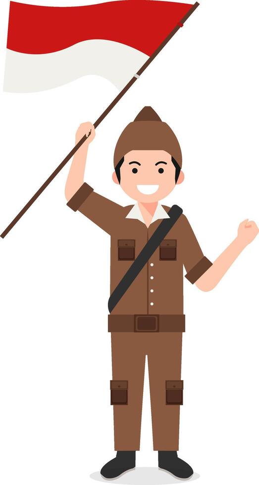 An Indonesian Hero Holding the Indonesian Flag in Brown Uniform vector