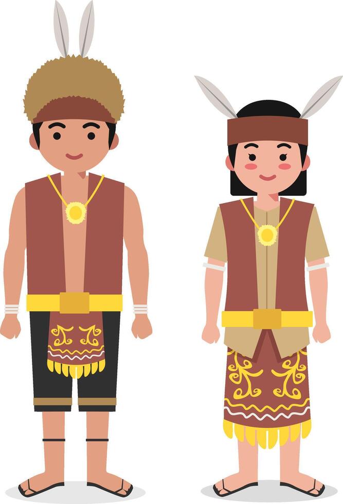 Kalimantan Tengah Traditional Clothes - Indonesian Culture Flat Cartoon Illustration vector