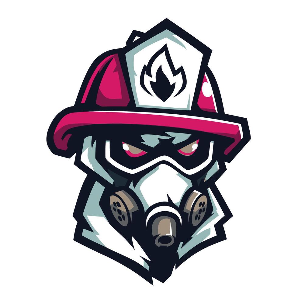 Firefighter Animal Mascot with Red Helmet, Gas Mask, and Glowing Eyes perfect for fire safety campaigns and emergency-themed graphics vector