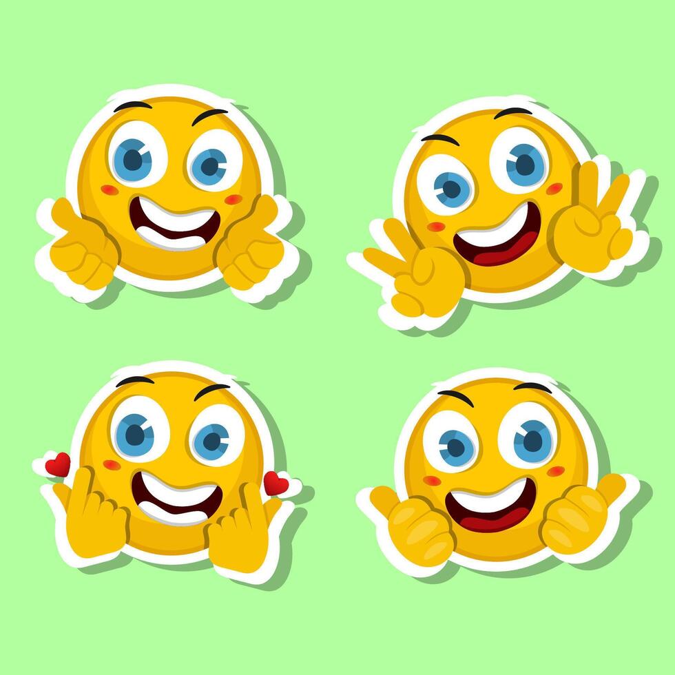 set of stickers with different emoticions on green background vector