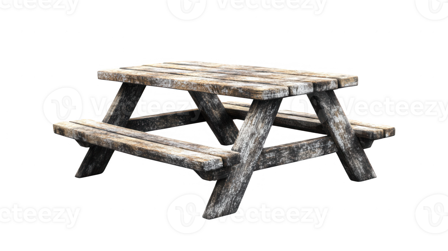 Rustic weathered wooden picnic table with benches transparent background png