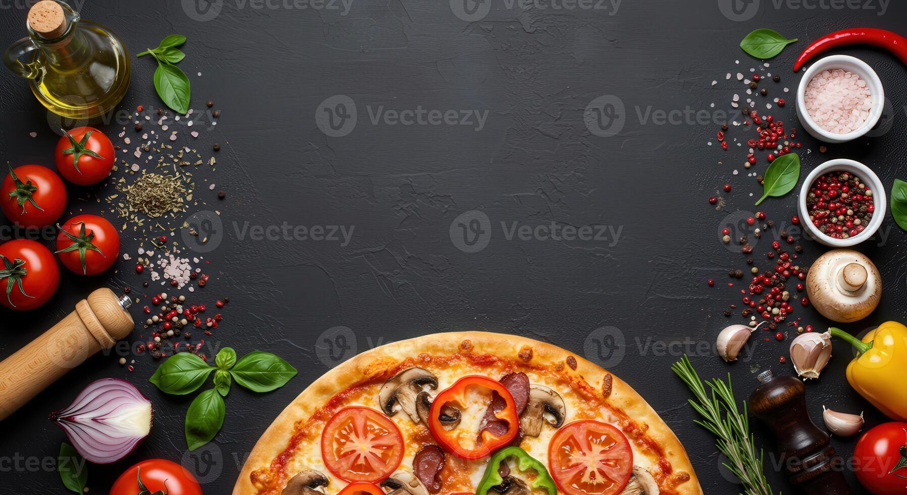 Pizza with ingredients on a black background photo