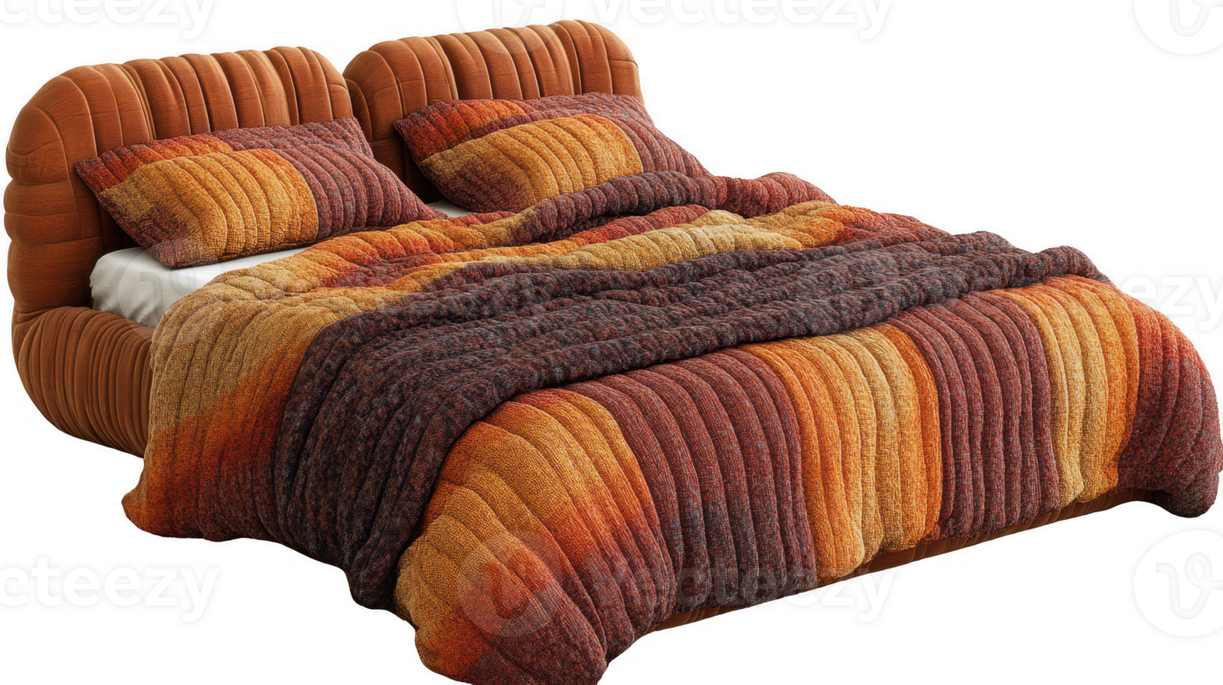 Elegant and Comfortable Bed with Colorful Bedding on transparent background png