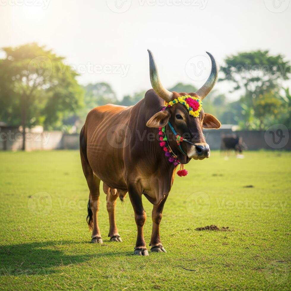 A cow with a colorful headdress standing in a field photo