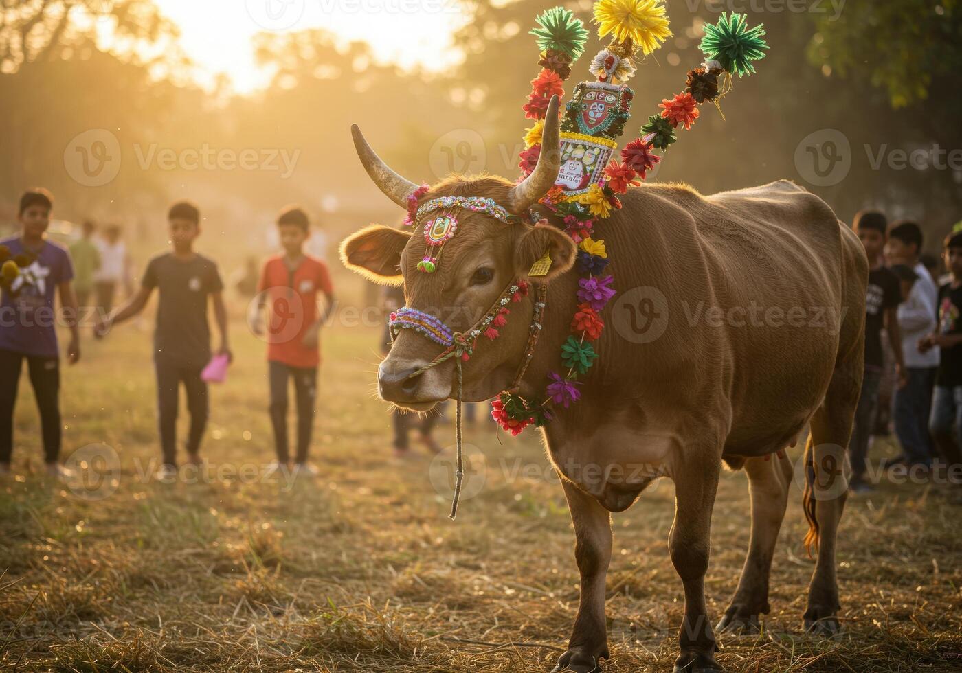 A cow with a decorated head standing in a field photo
