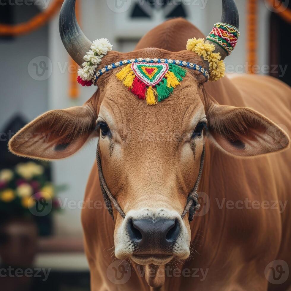 A cow with colorful decorations on its head photo