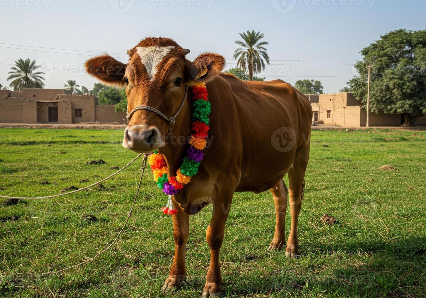 A cow with a garland around its neck photo