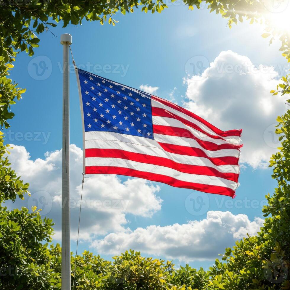 An american flag is flying in the sky photo