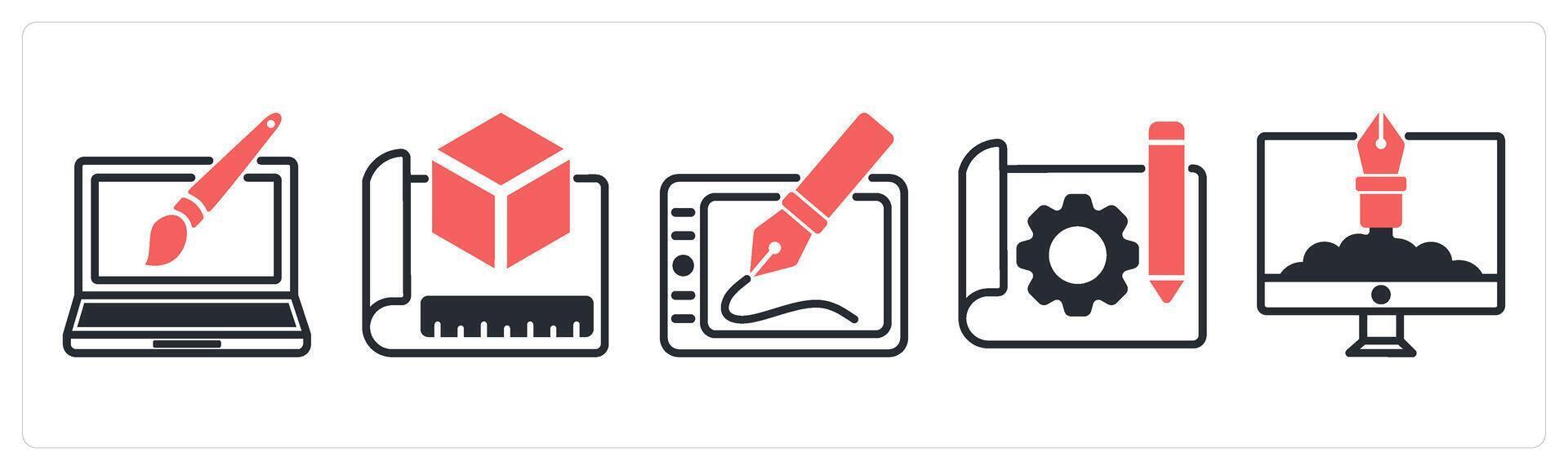 5 design icons as web design, 3d prototype, digital art in red color vector