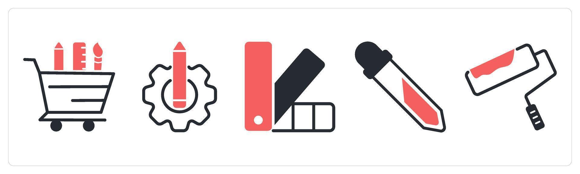 5 design icons as stationery shopping, design setting, pantone in red color vector