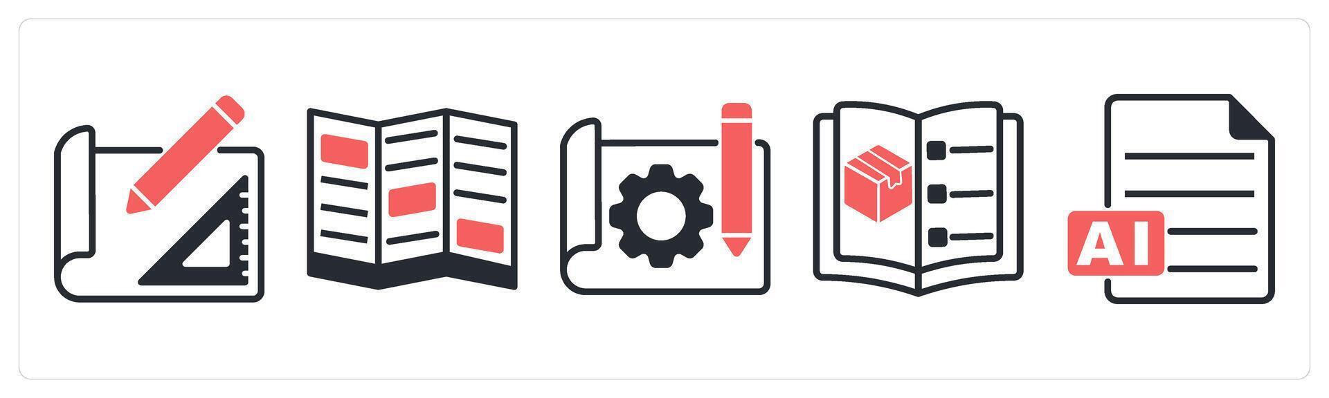 5 design icons as sketch, flyer, prototype sketch in red color vector