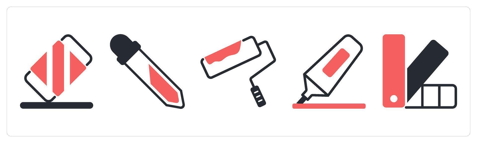 5 design icons as eraser tool, color picker, paint roller in red color vector