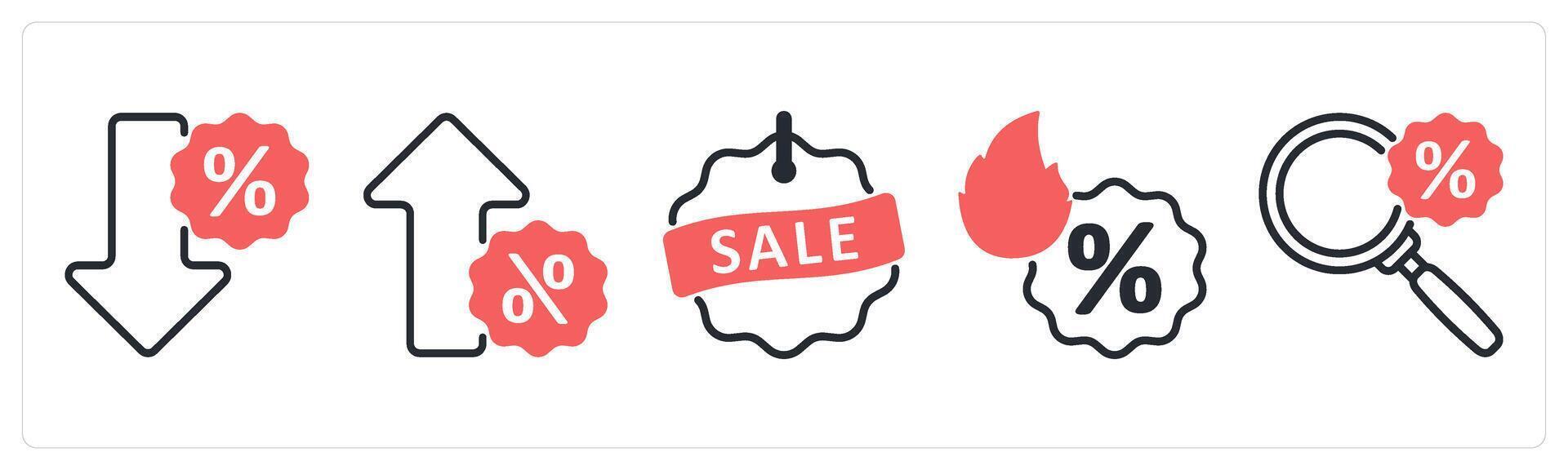 5 black friday icons as low discount, high discount promotion in red color vector