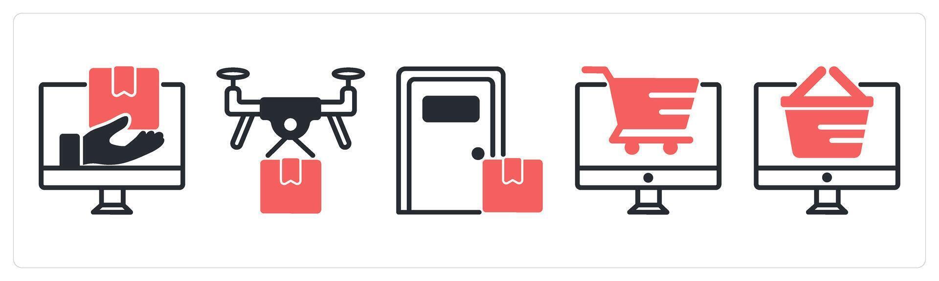 5 untact era icons as digital delivery, drone delivery, delivery door in red color vector