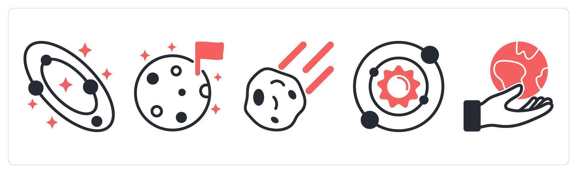 5 space icons as galaxy, moon, comet in red color vector