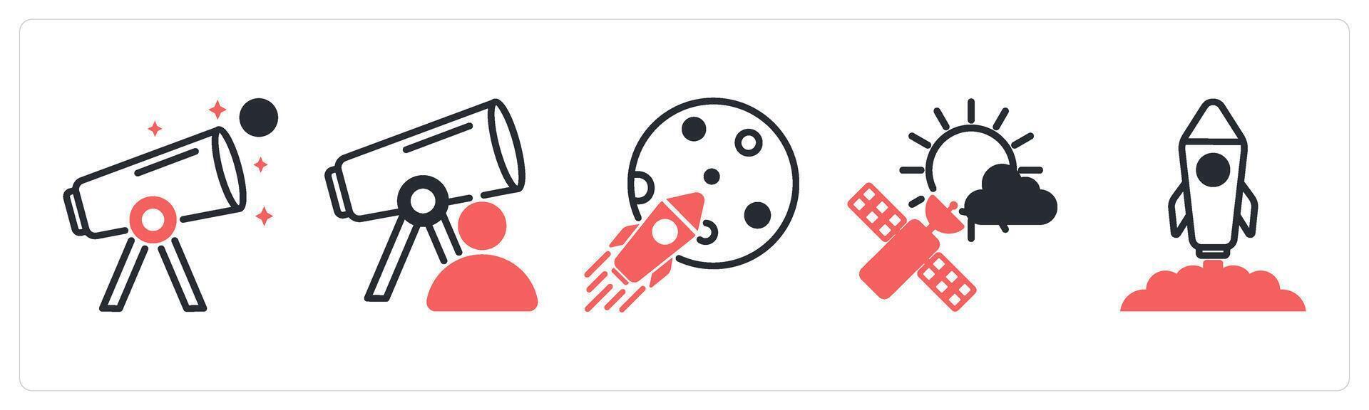 5 space icons as astronomy, astronomer, space mission in red color vector