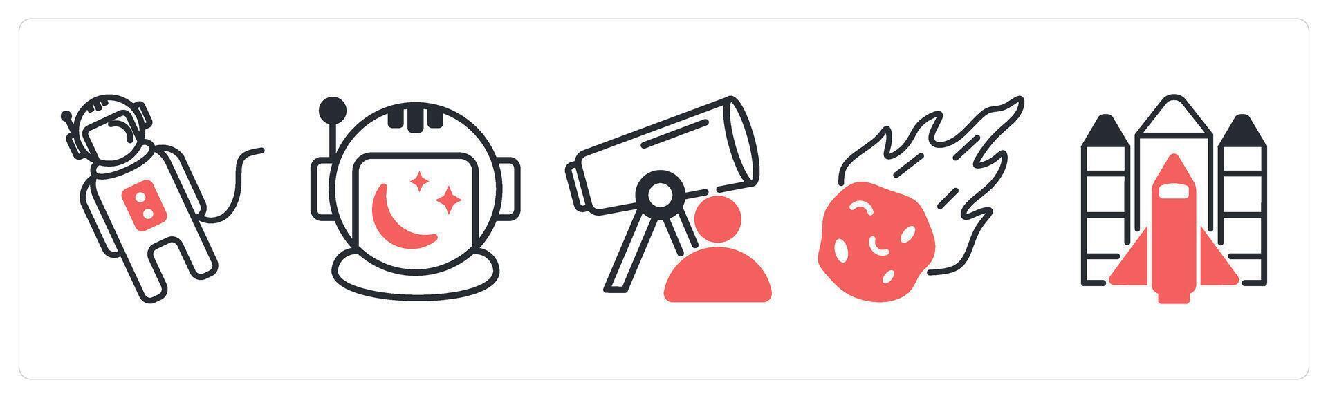 5 space icons as space suit, space helmet, astronomer in red color vector