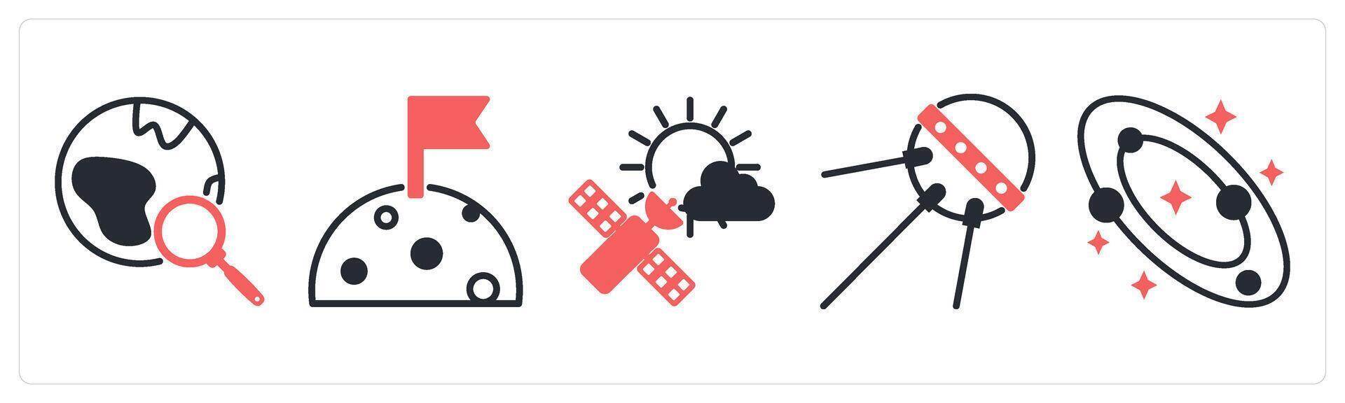 5 space icons as find planet, moon, weather satellite in red color vector