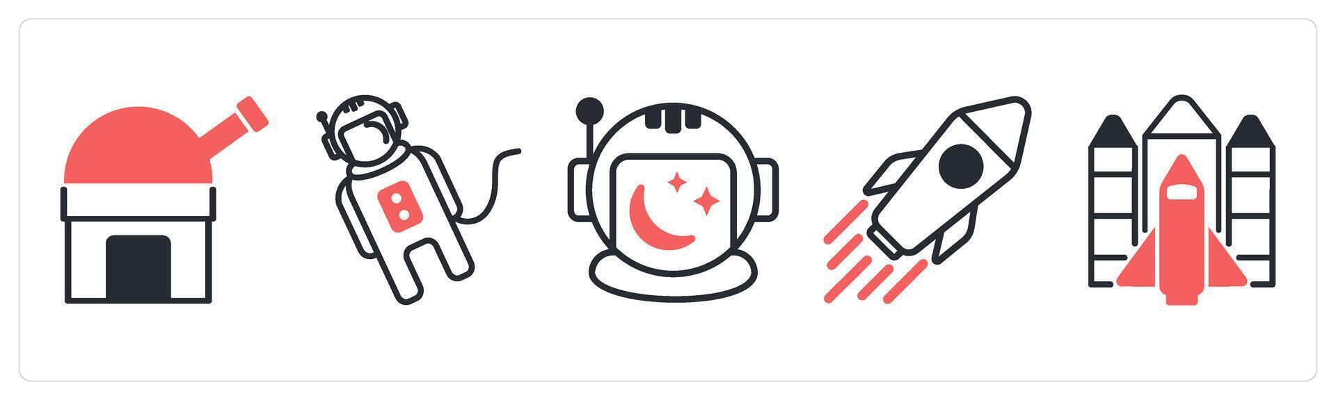 5 space icons as observatory, space suit, space helmet in red color vector