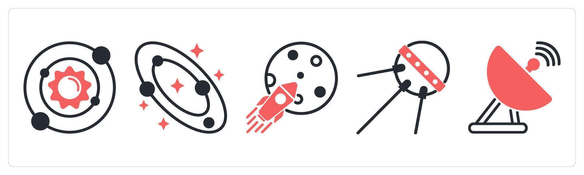 5 space icons as solar system, galaxy, space mission in red color vector