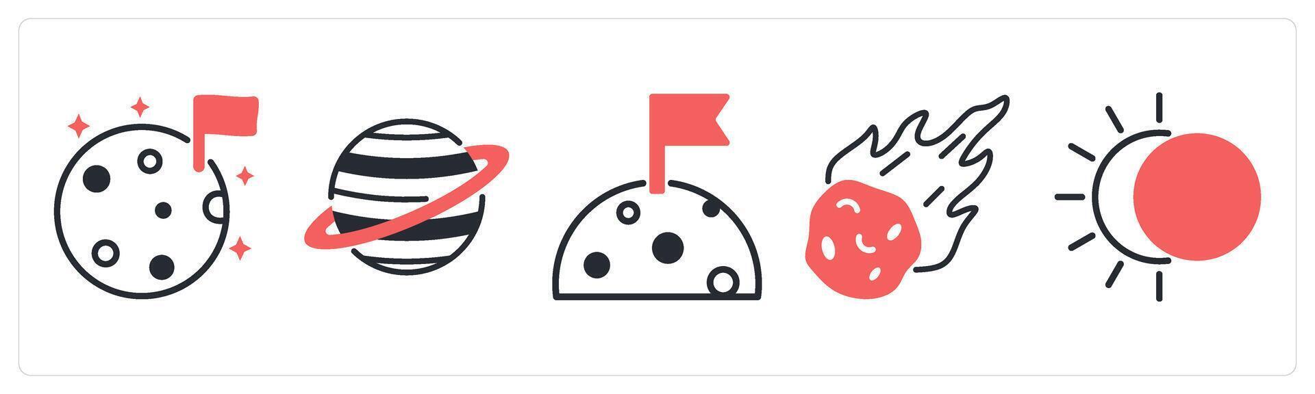 5 space icons as moon, planet, meteorite in red color vector