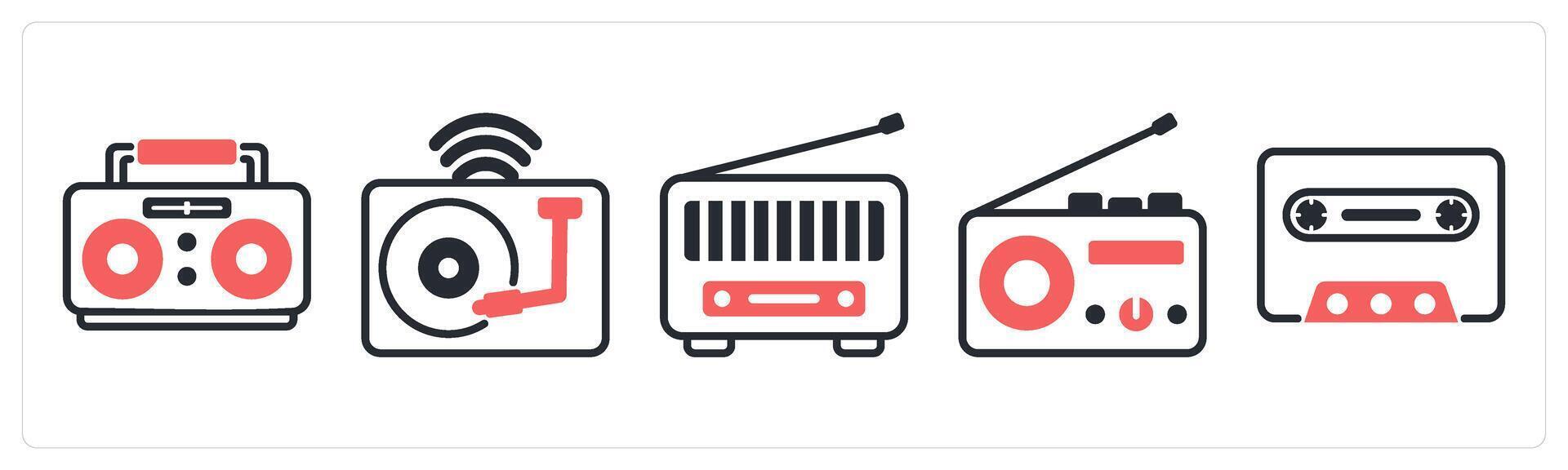 5 device icons as boombox, vinyl, radio in red color vector