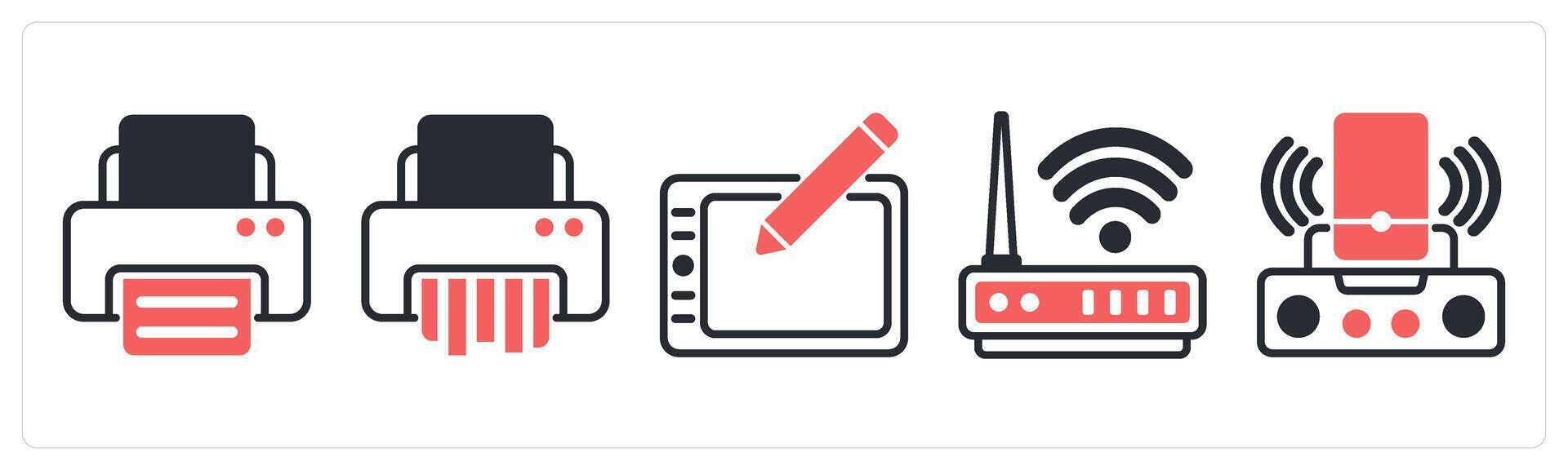 5 device icons as printer, paper shader, wacom in red color vector