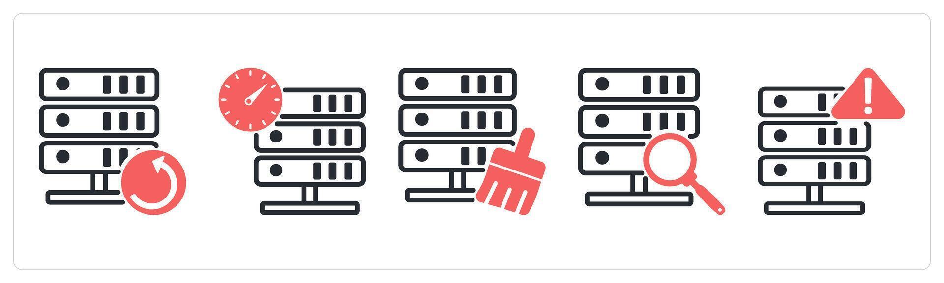 5 device icons as server backup, server performance, server cleansing in red color vector