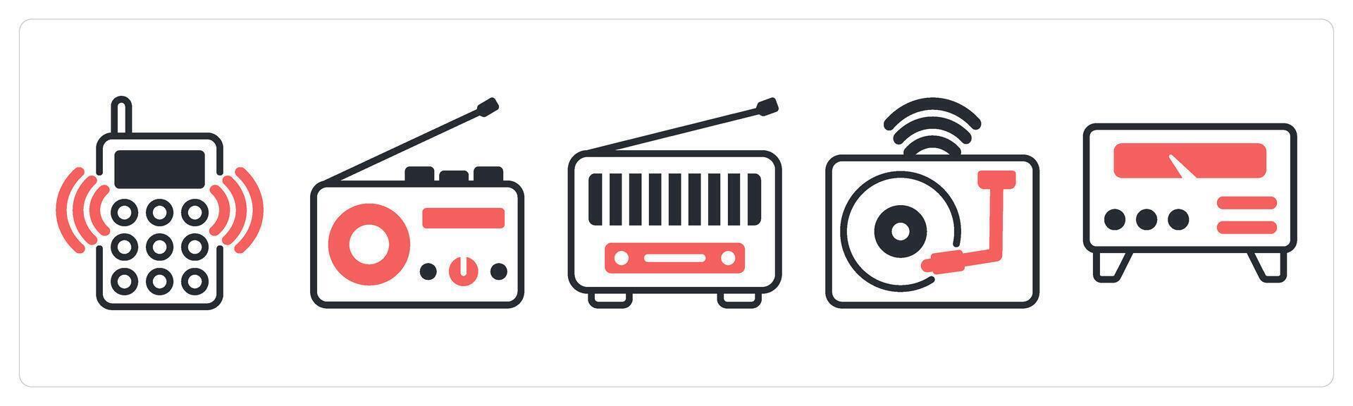 5 device icons as radio phone, radio, vinyl in red color vector