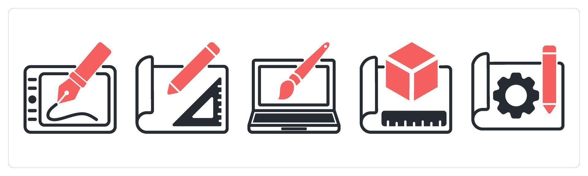 5 design icons as digital art, sketch, web design in red color vector