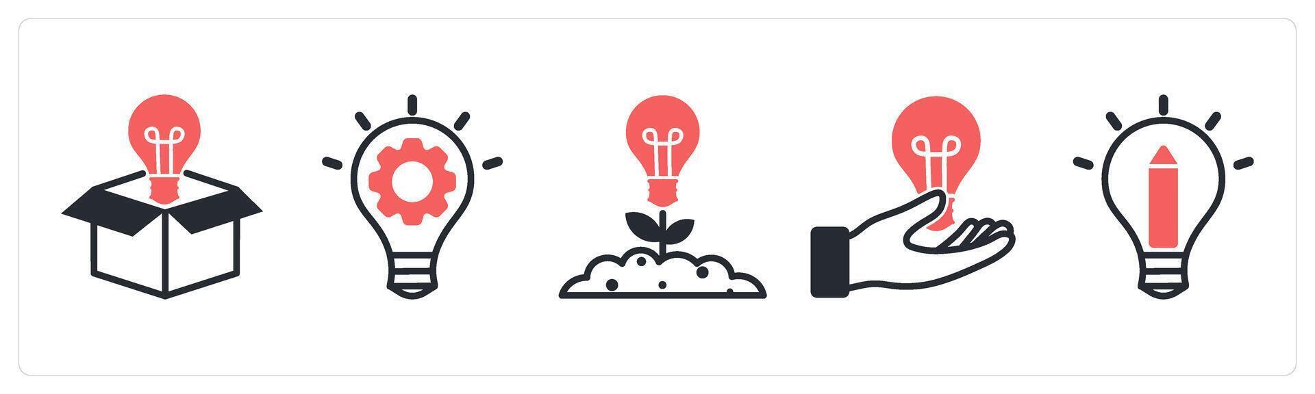 5 design icons as idea out of box, creative process, creative growth in red color vector