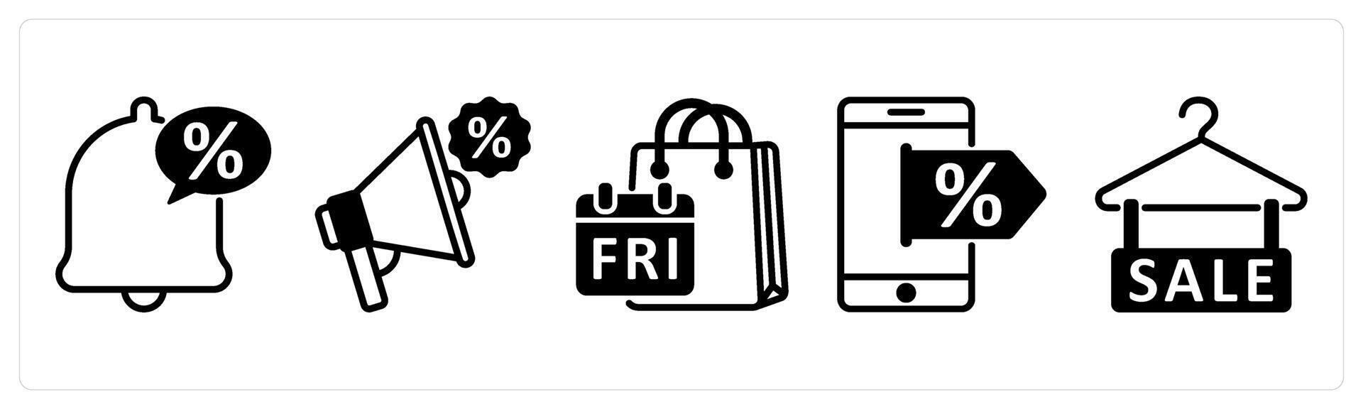 5 black friday icons as sale notification, sale promotion, sale bag in black color vector