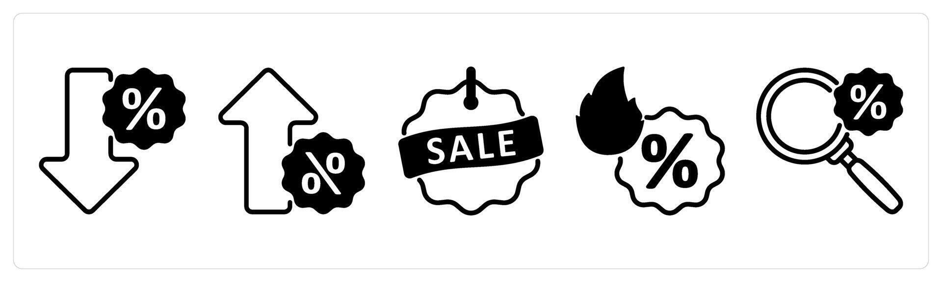 5 black friday icons as low discount, high discount in black color vector