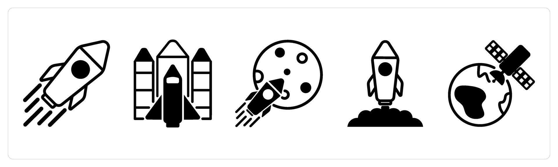 5 space icons as robot, space shuttle, space mission in black color vector