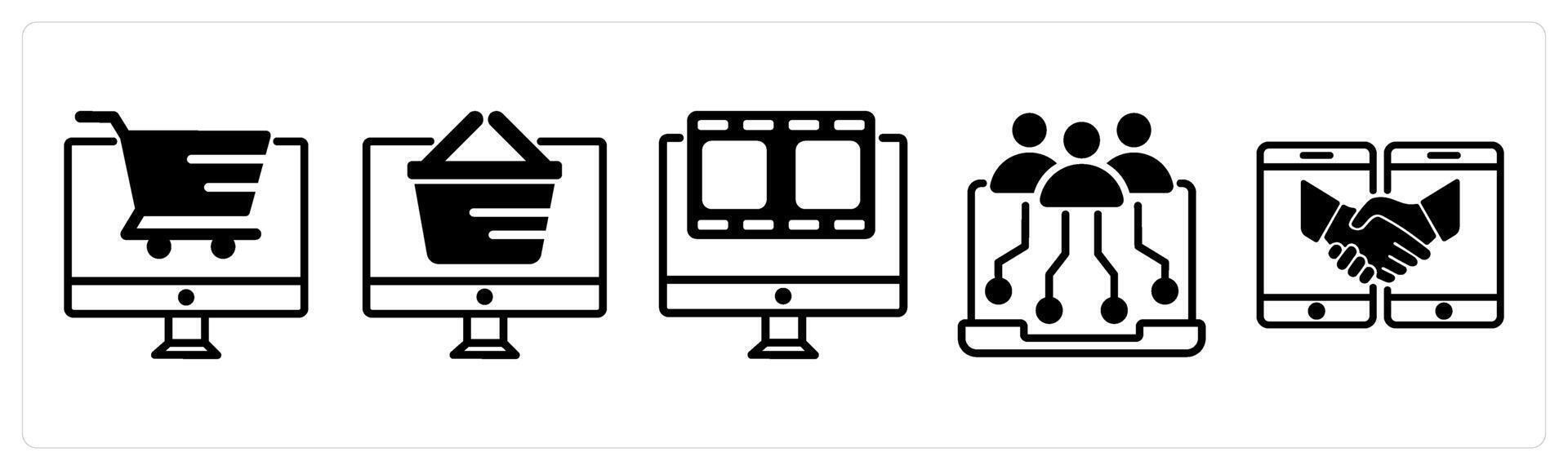 5 untact era icons as online shopping, digital shopping, digital entertainment in black color vector