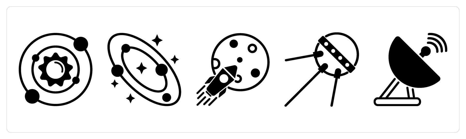 5 space icons as solar system, galaxy, space mission in black color vector