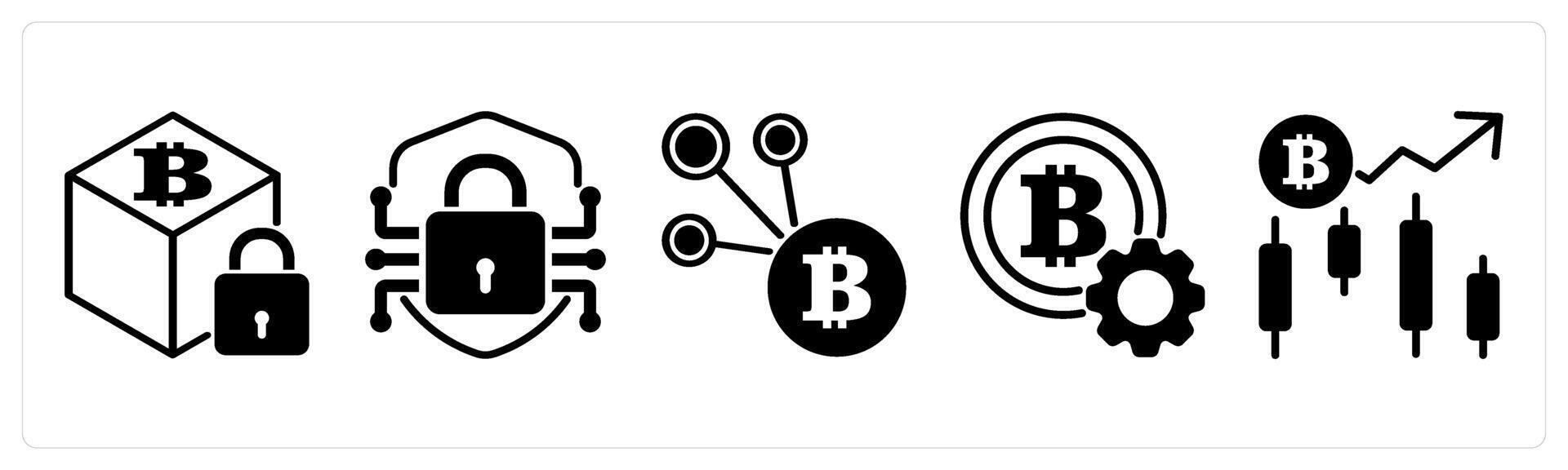 5 cyrptocurrency icons as blockchain security, encrypted shield, bitcoin network in black color vector