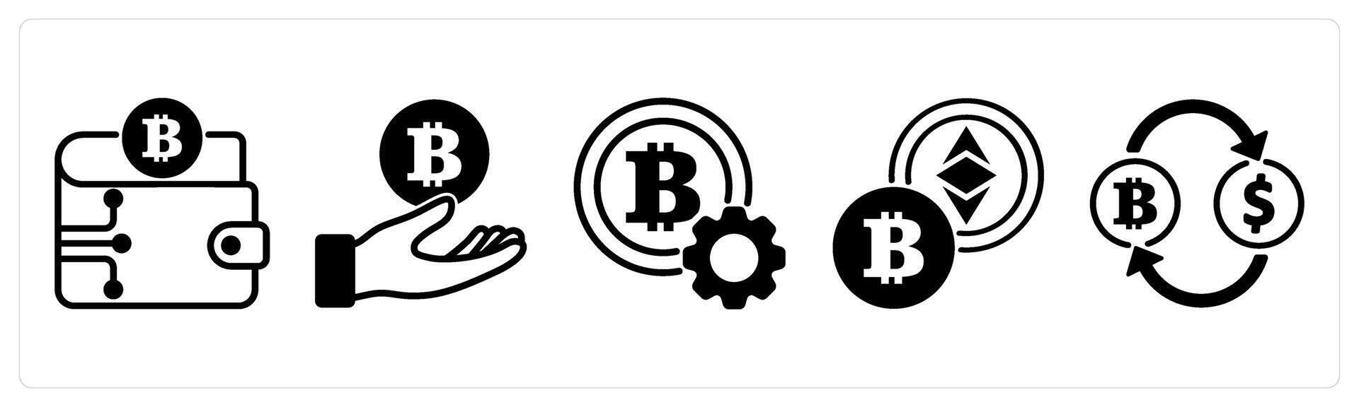 5 cyrptocurrency icons as crypto wallet, bitcoin, cryptocurrency setting in black color vector